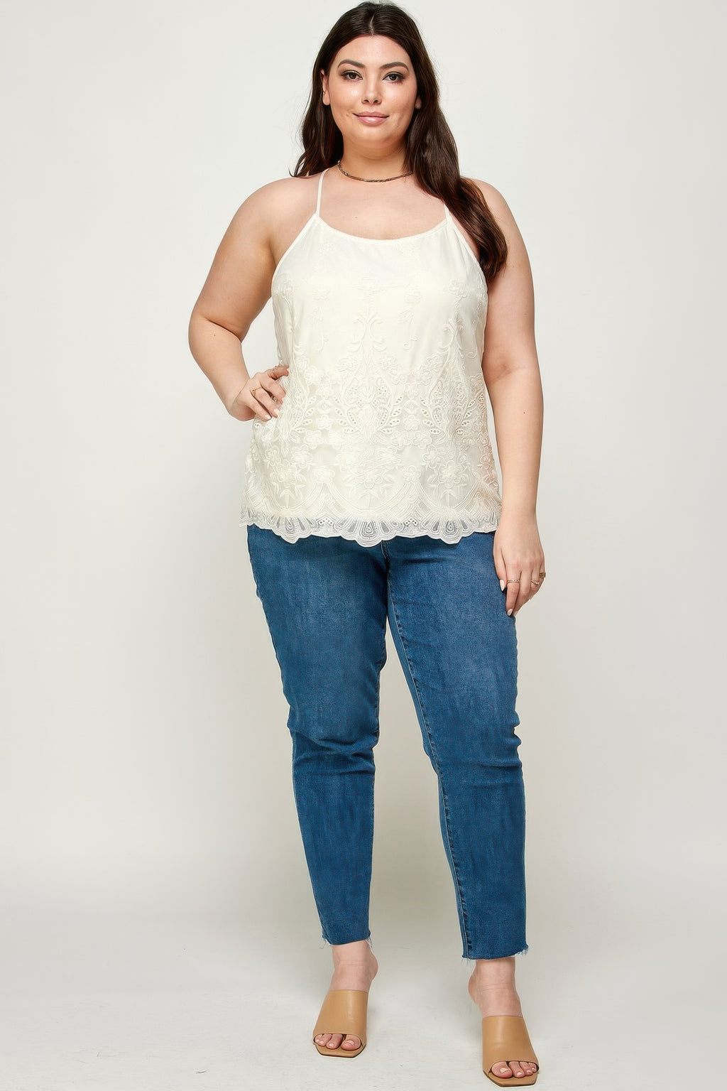 Ivory t-back cami with allover floral embroidery on mesh; plus size fit