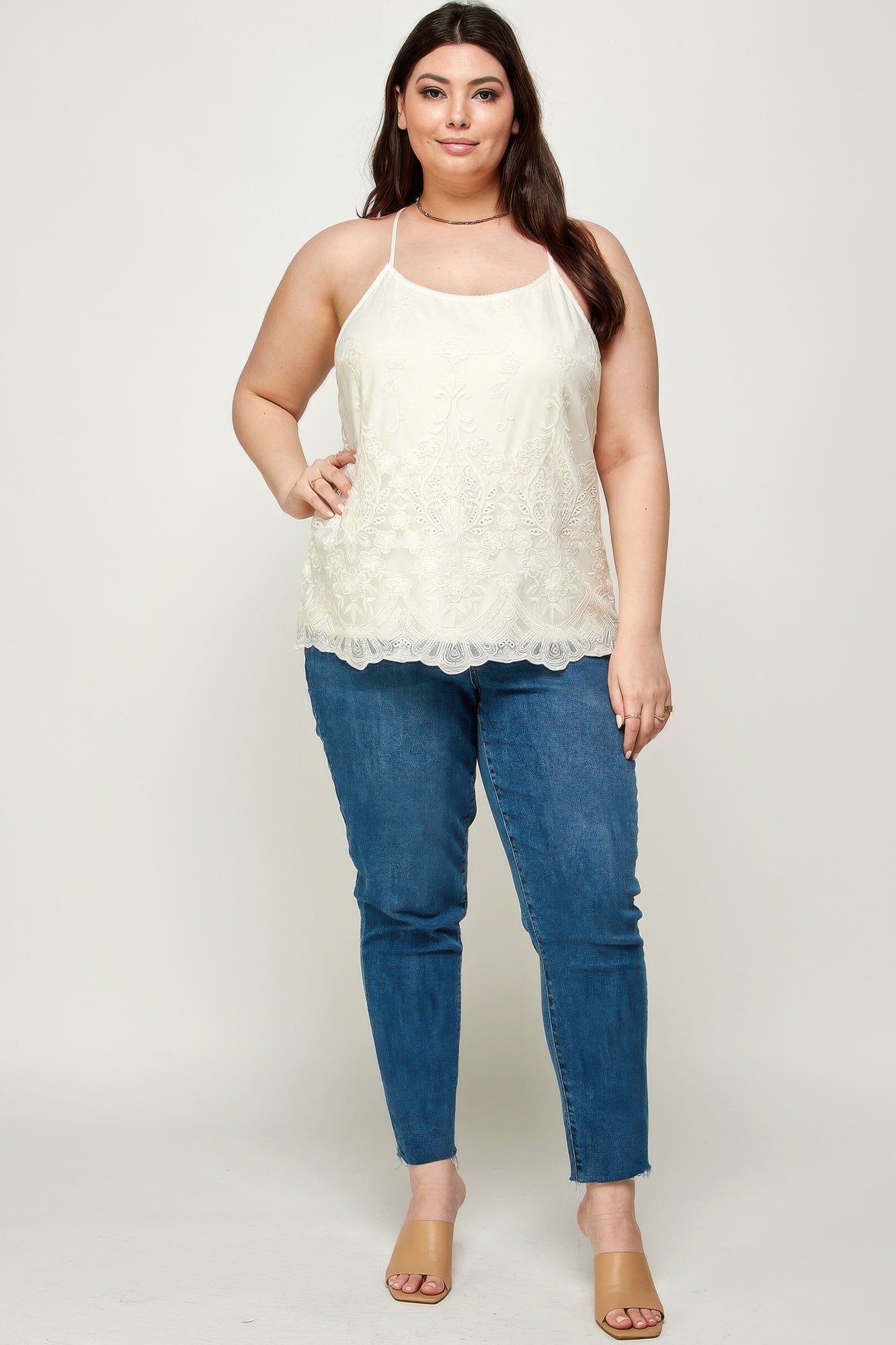 Ivory t-back cami with allover floral embroidery on mesh; plus size fit