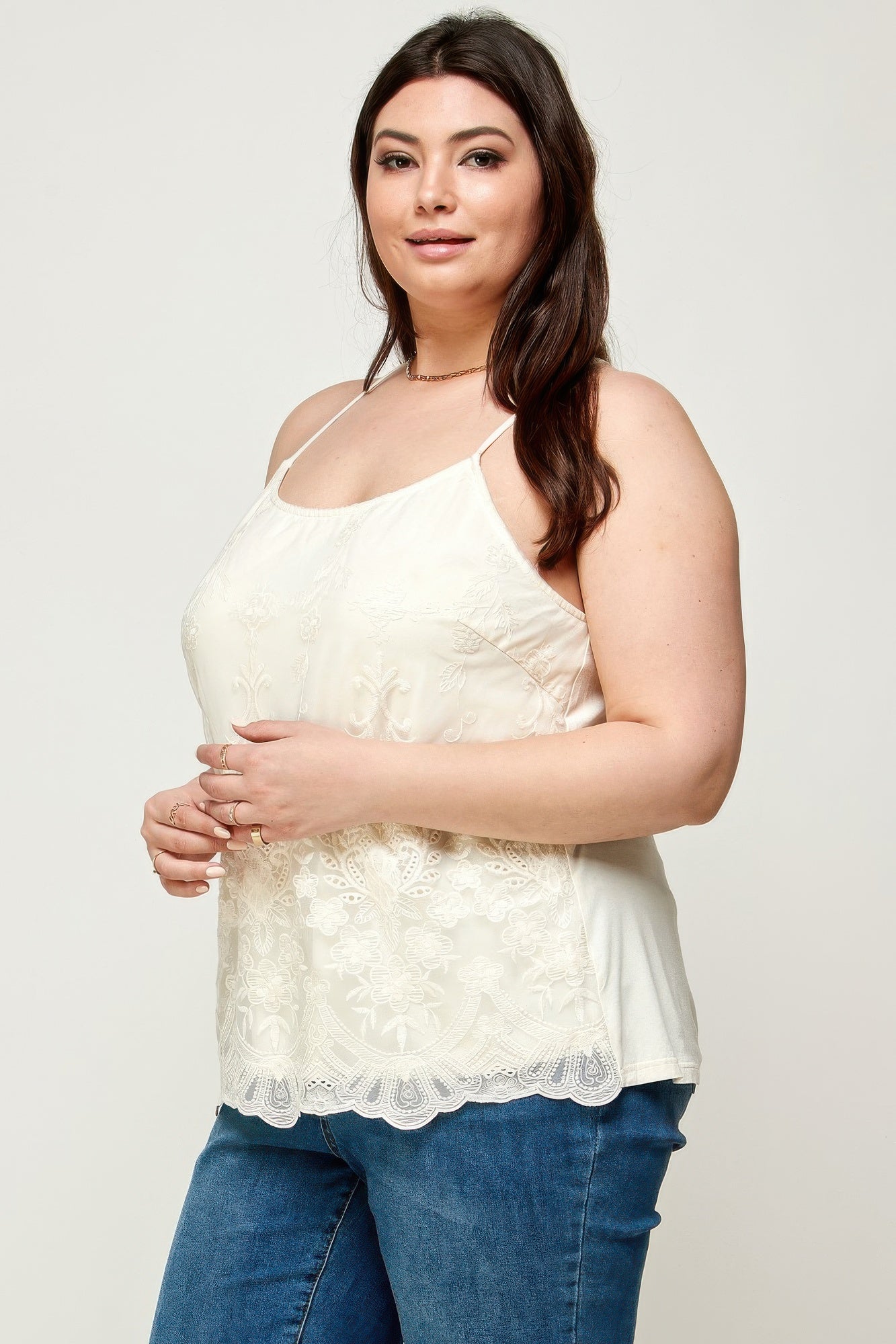 Ivory embroidered mesh t-back cami with thin straps and scalloped lace hem