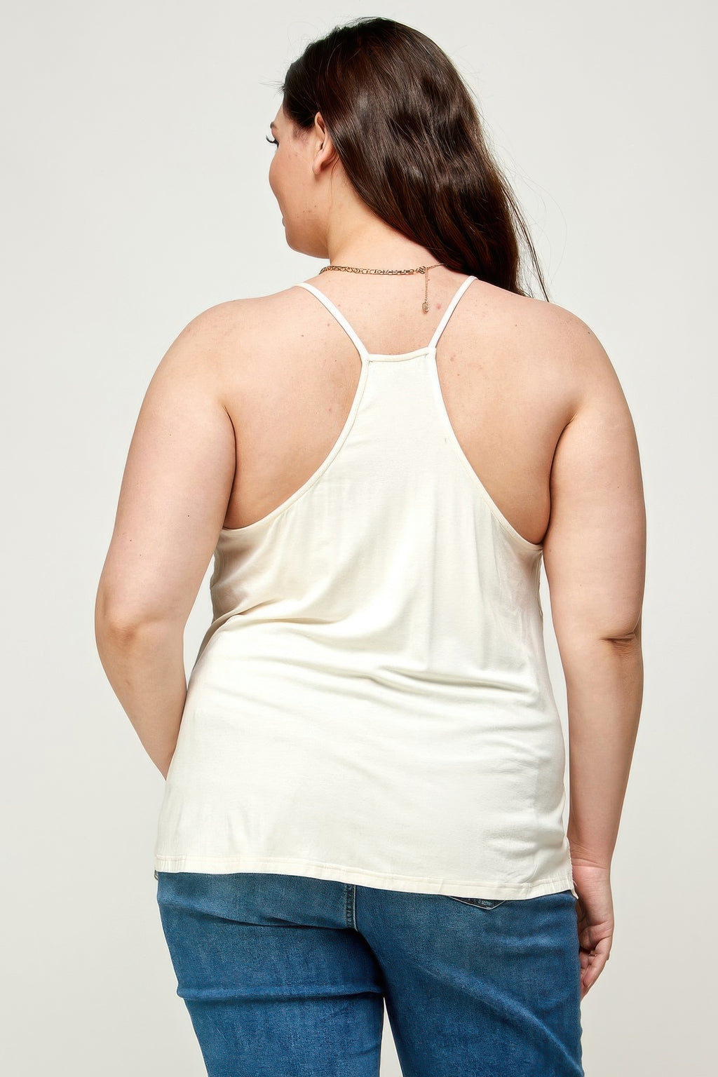 Back view: ivory mesh t-back cami with open straps and plus-size fit