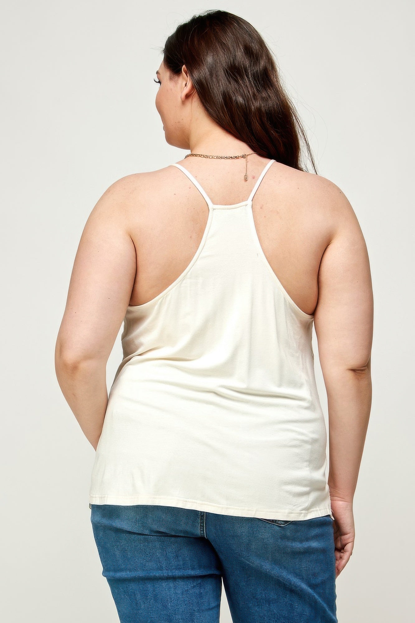 Back view: ivory mesh t-back cami with open straps and plus-size fit