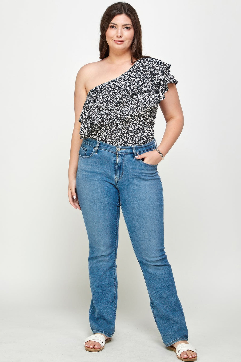 Bodysuit plus size monospalla con ruches, micro fiori neri