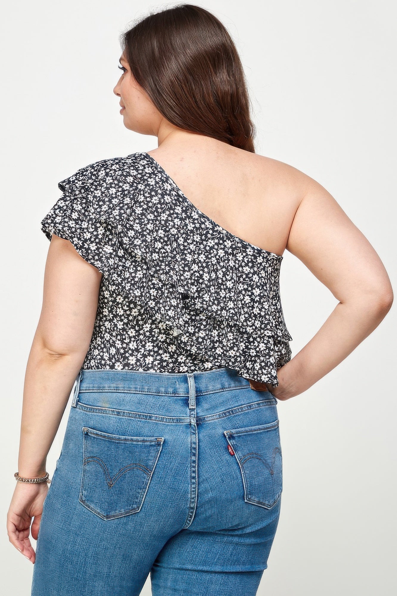 Plus Size Ditsy Floral One Shoulder Bodysuit - Tigbul's Variety Fashion Shop