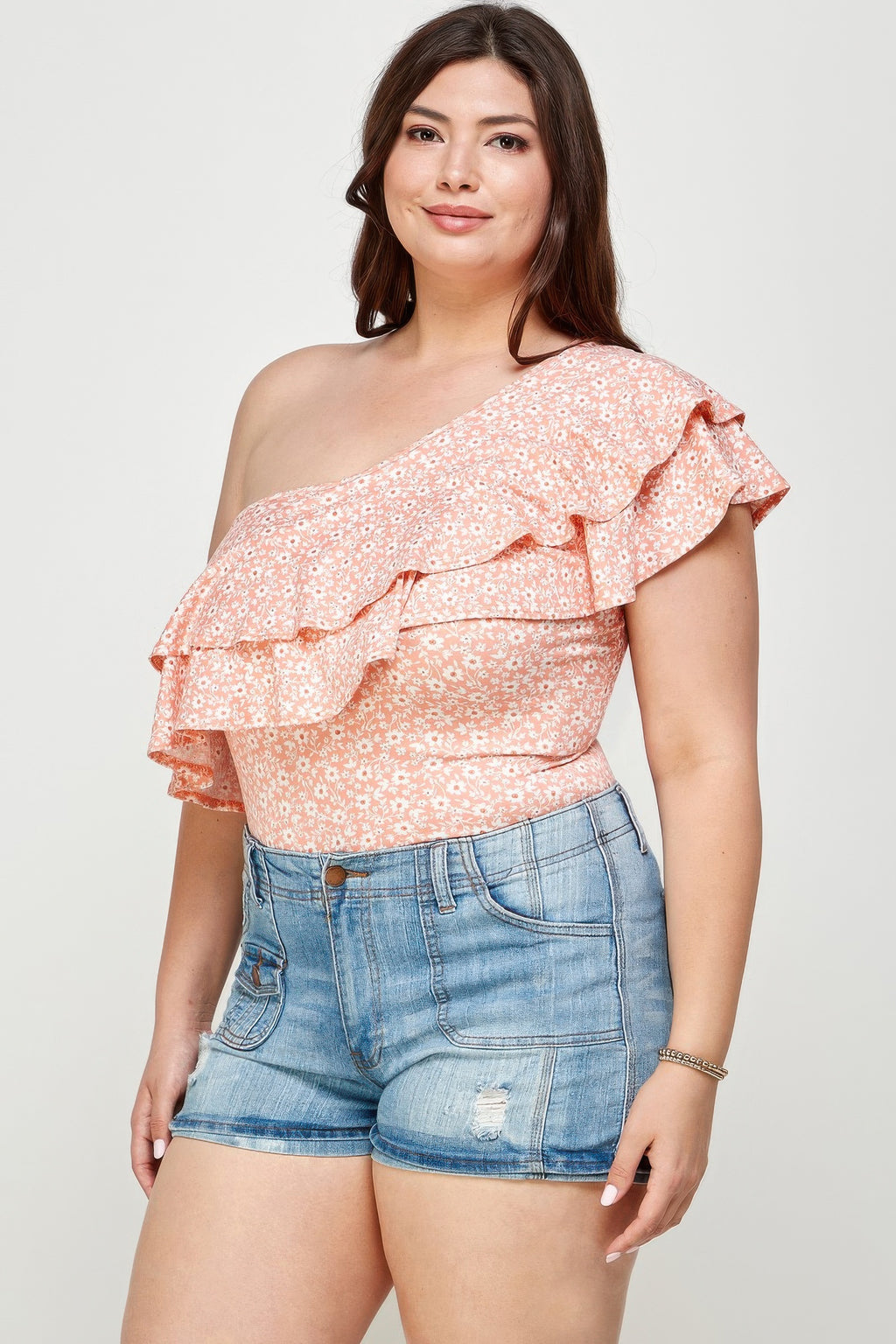 Bodysuit monospalla con volant a balze, stampa ditsy pesca
