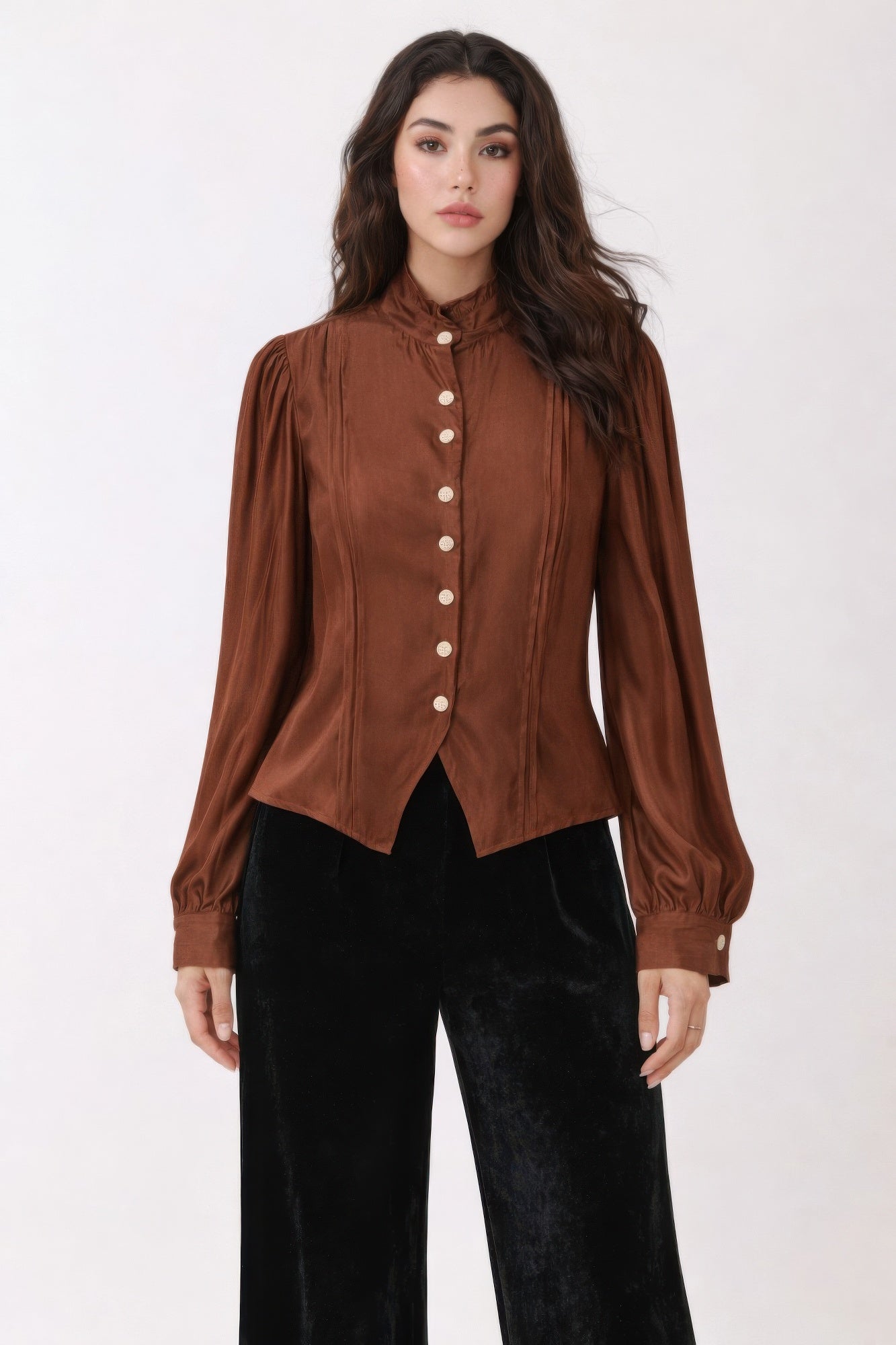 Brown satin Victorian button-up top with stand collar and long sleeves, front button placket
