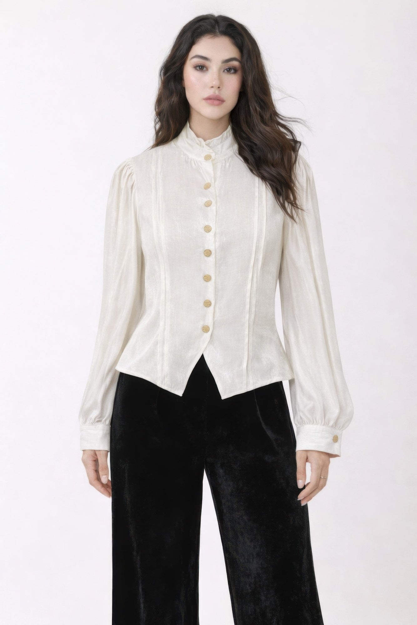 White satin Victorian button-up top with stand collar and long sleeves, front button placket
