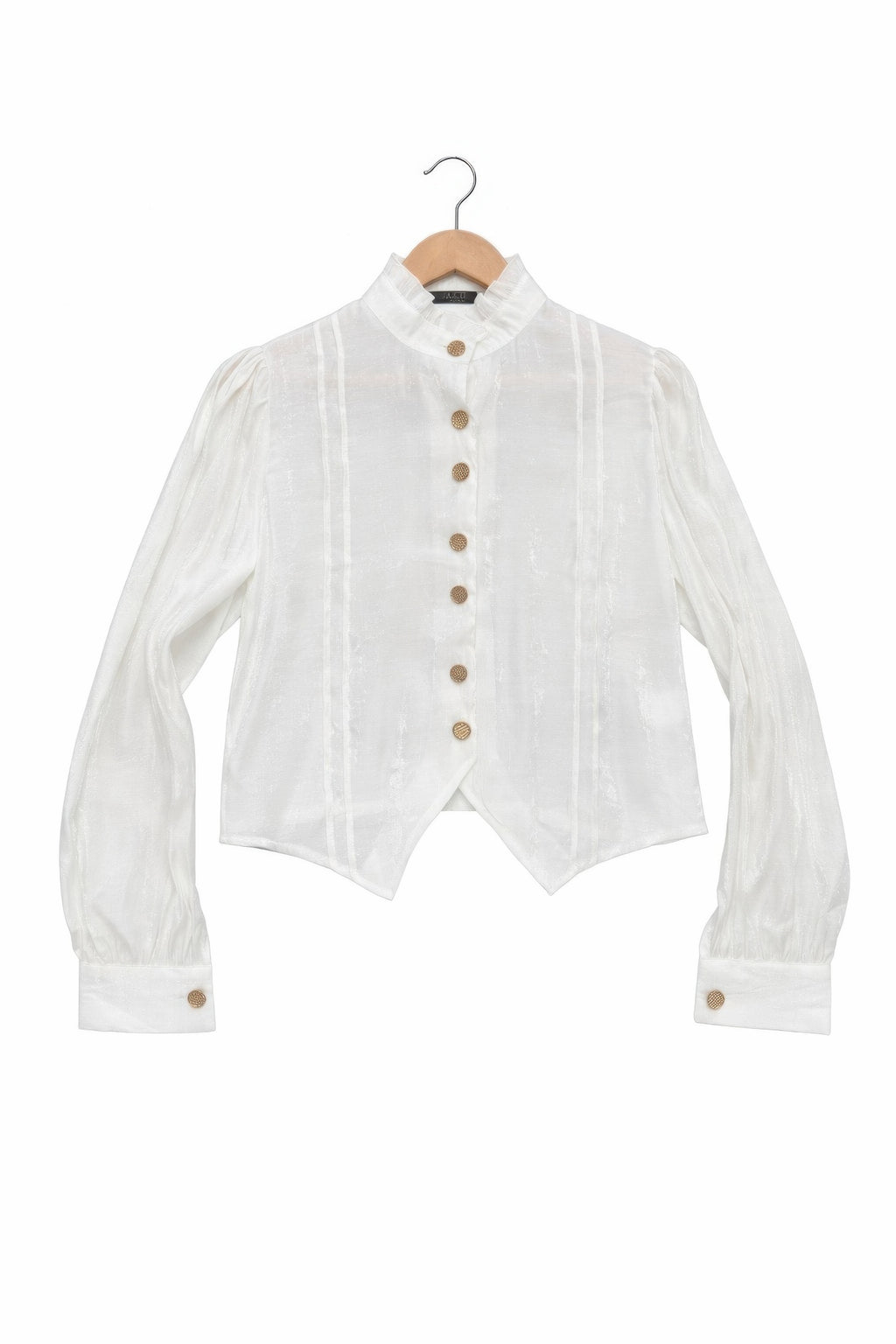 White Victorian button-up top on hanger: stand collar, gold buttons, asymmetrical hem points