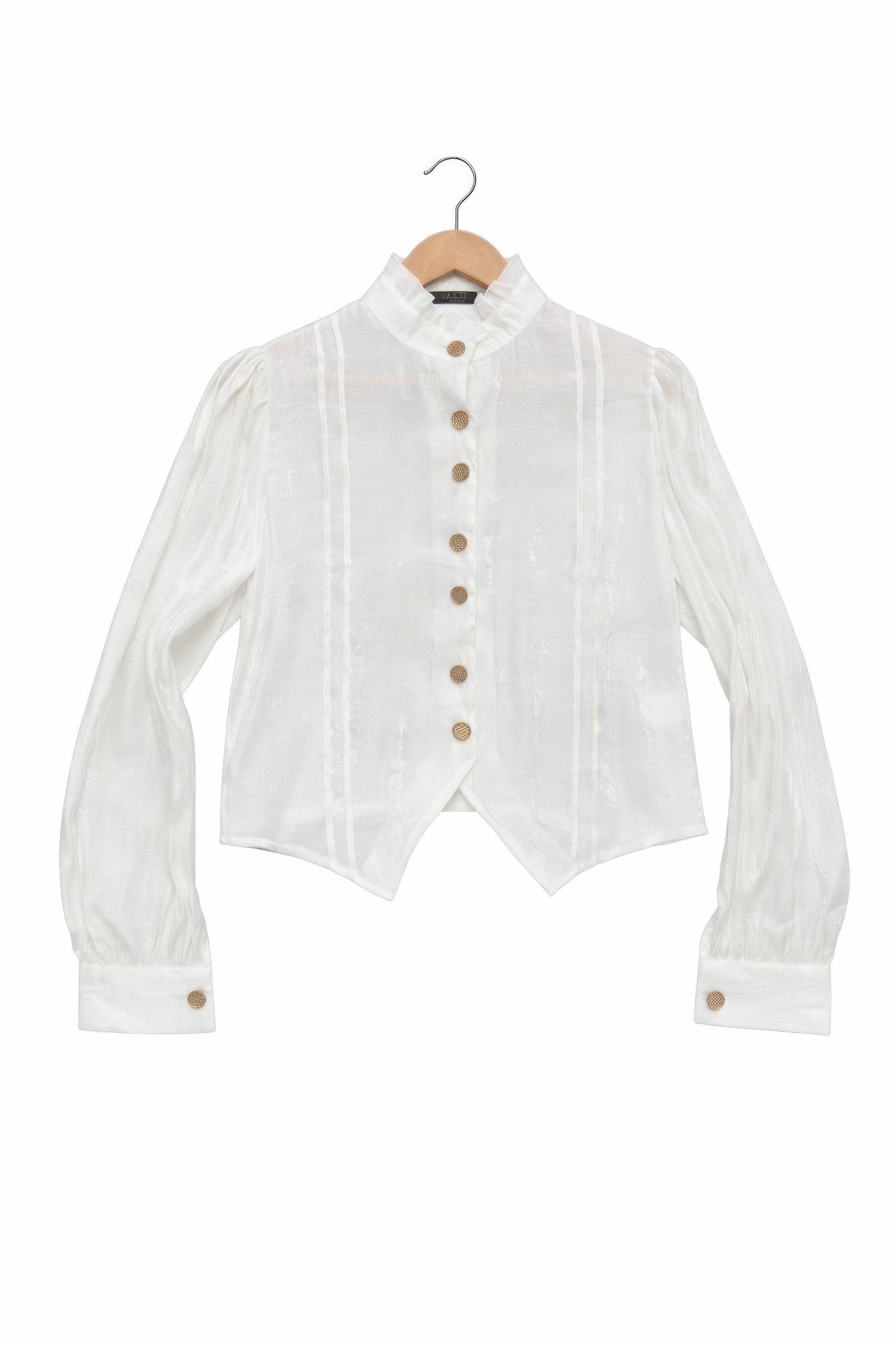 White Victorian button-up top on hanger: stand collar, gold buttons, asymmetrical hem points
