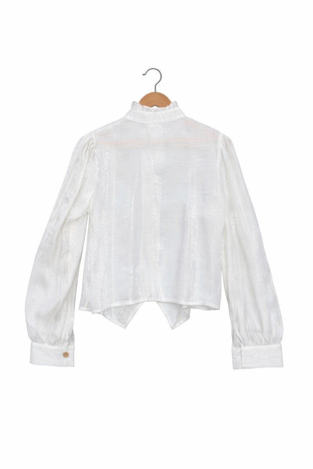 White back view Victorian button-up top with long gathered sleeves and small cuff button