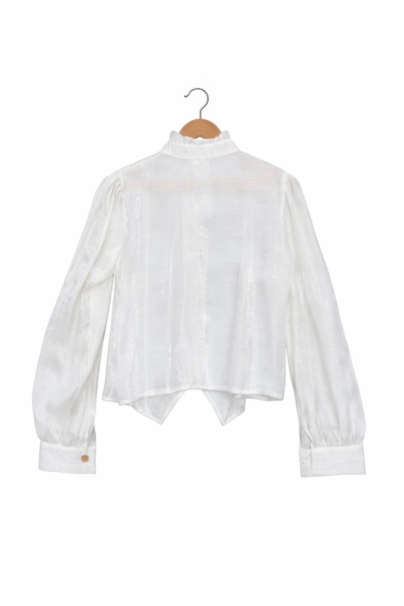 White back view Victorian button-up top with long gathered sleeves and small cuff button
