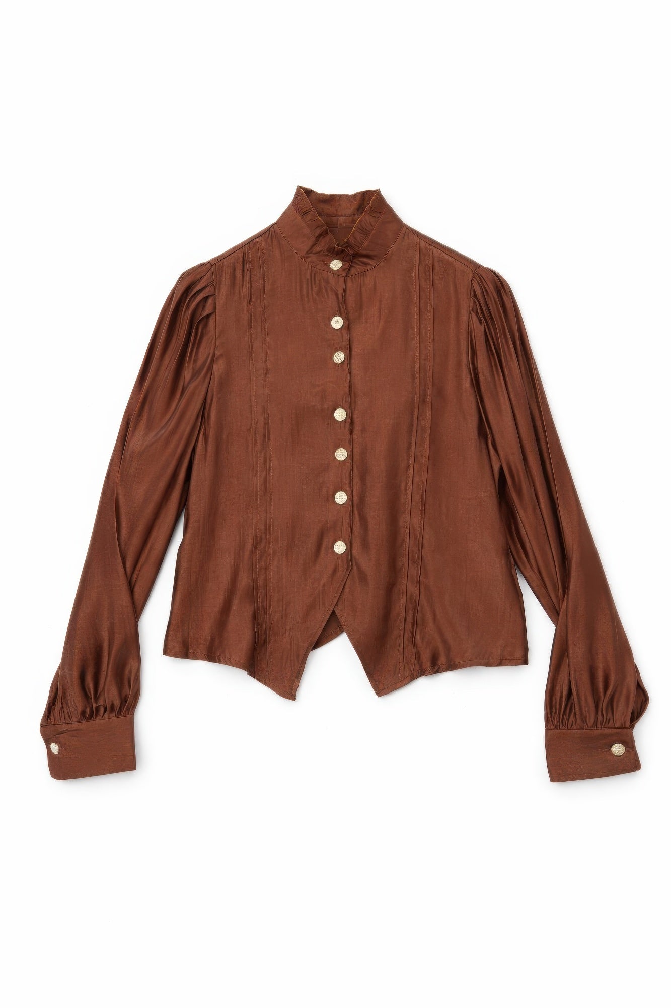 Brown Victorian button-up top on hanger: stand collar, gold buttons, asymmetrical hem points