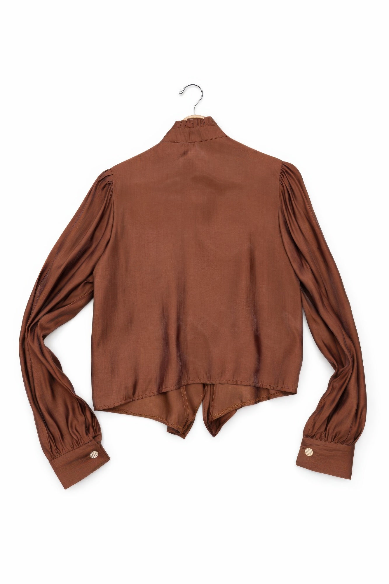 Brown back view Victorian button-up top with long gathered sleeves and small button cuff tabs