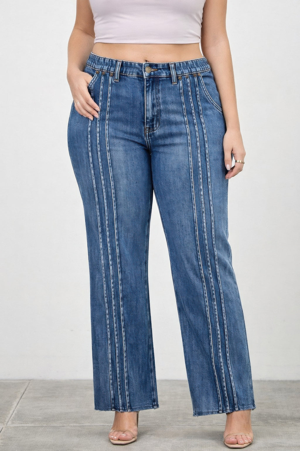 High-rise straight jeans with front contrast lines, dark blue denim