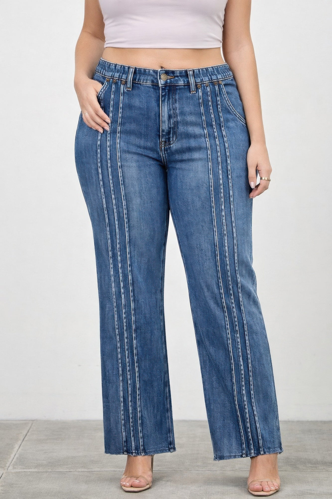High-rise straight jeans with front contrast lines, dark blue denim