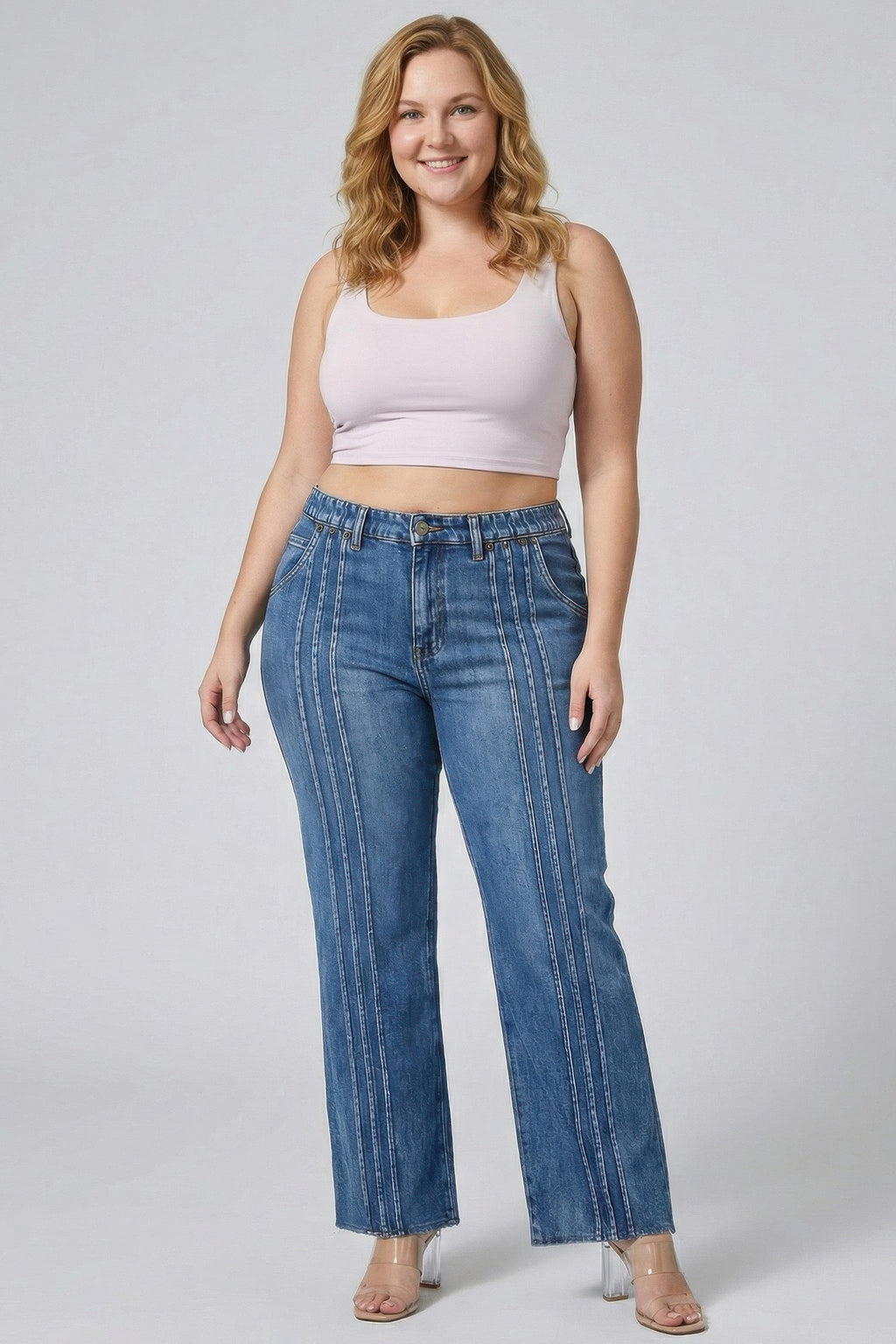 High-rise straight jeans with vertical front stitch lines, blue wash denim