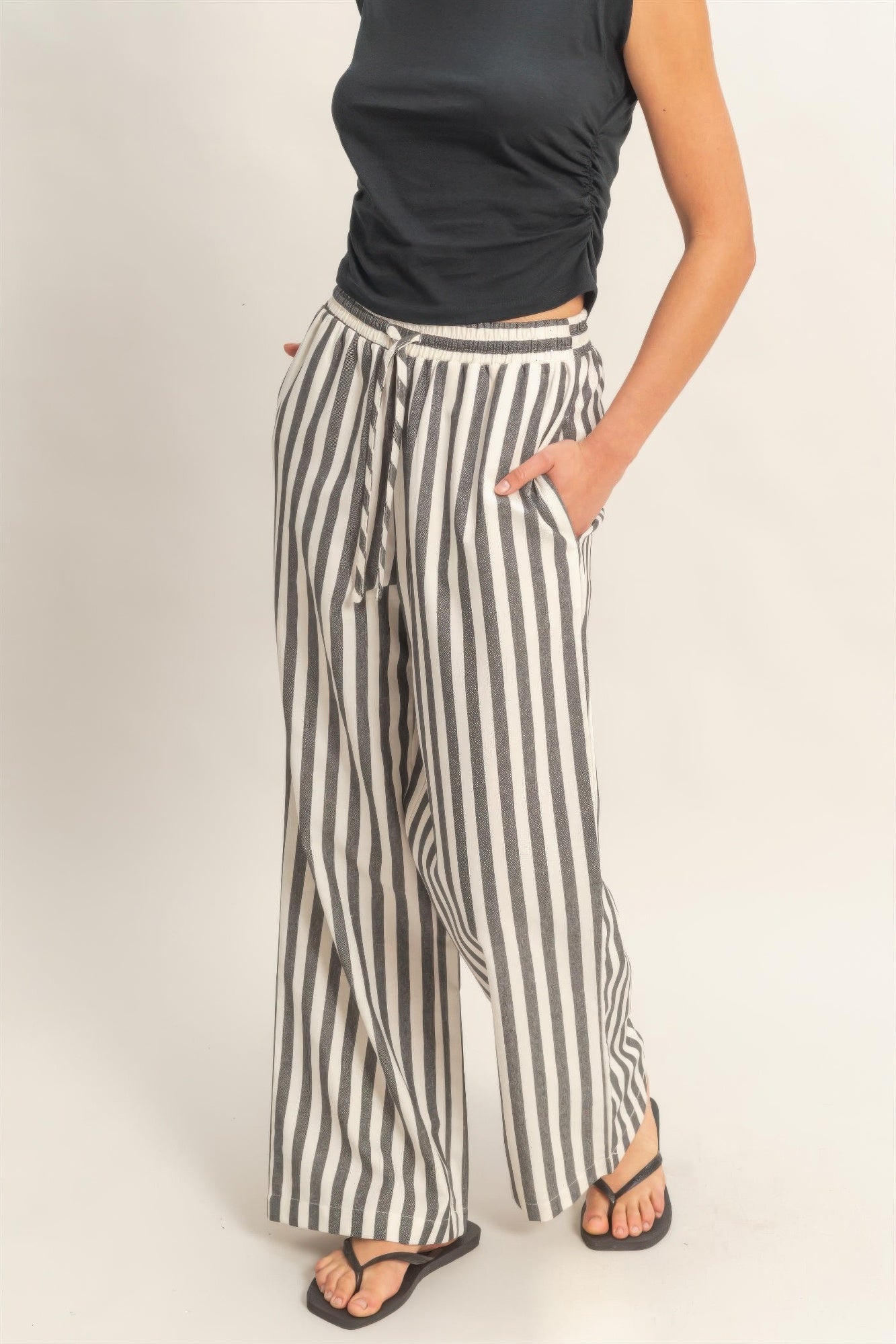 Vertical Striped Elastic Pants With Side Pockets - Tigbul's Variety Fashion Shop