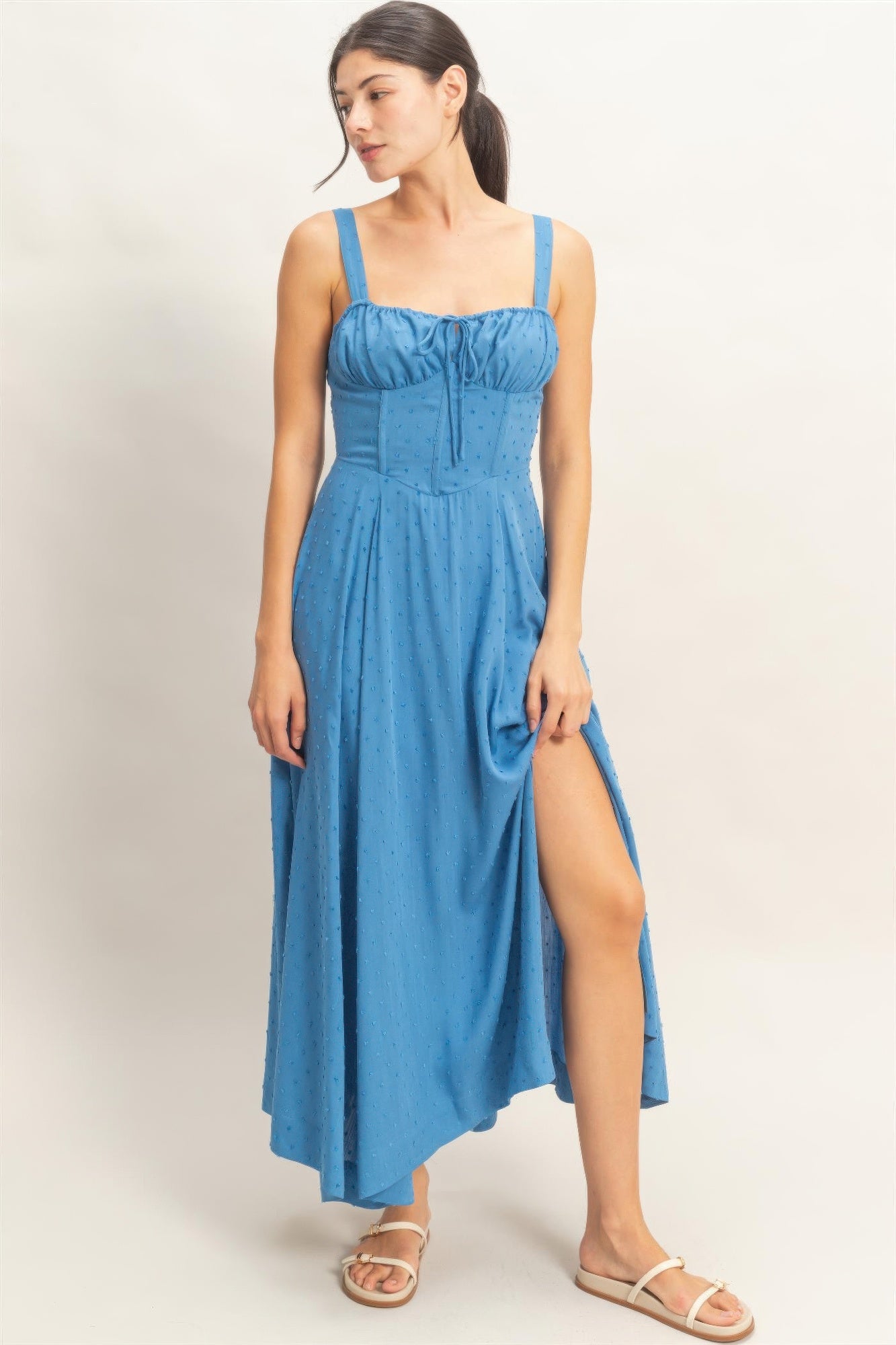Boned Tie-back Dress blue with square neckline and thin straps