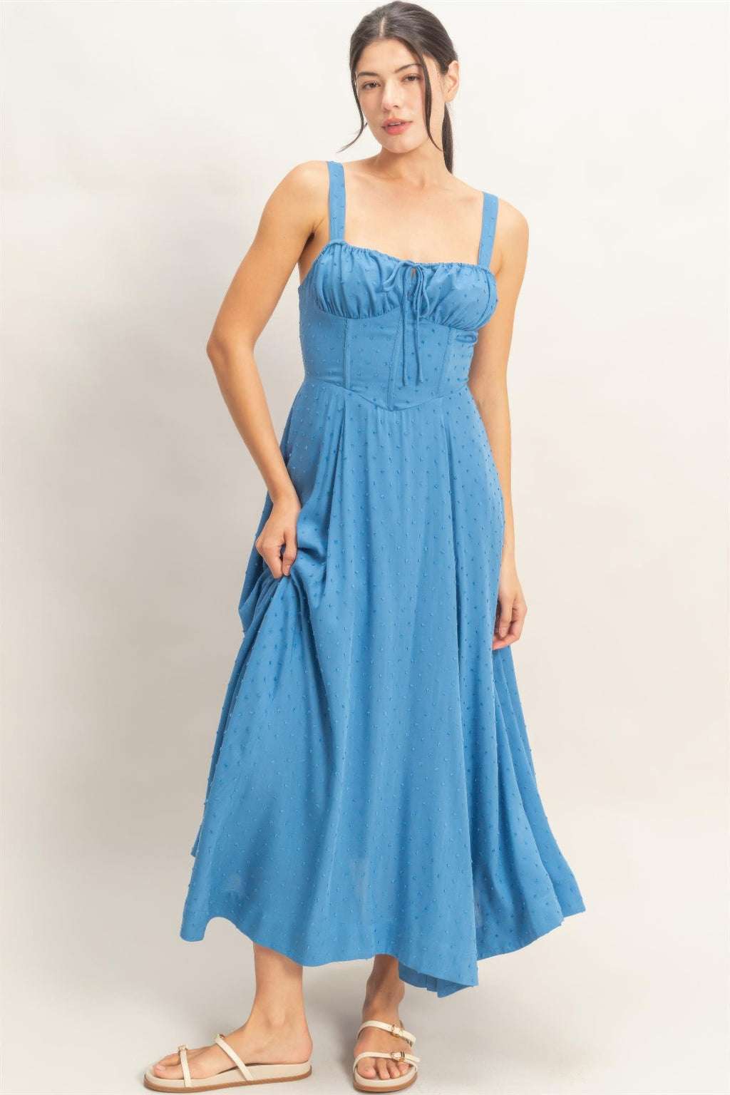 Boned Tie-back Dress blue, ruched bodice with gathered midi skirt
