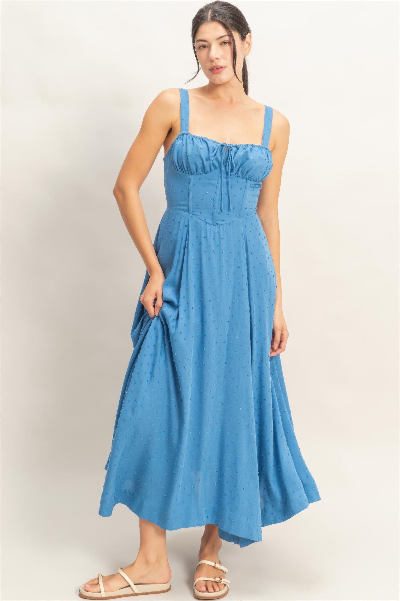 Boned Tie-back Dress blue, ruched bodice with gathered midi skirt