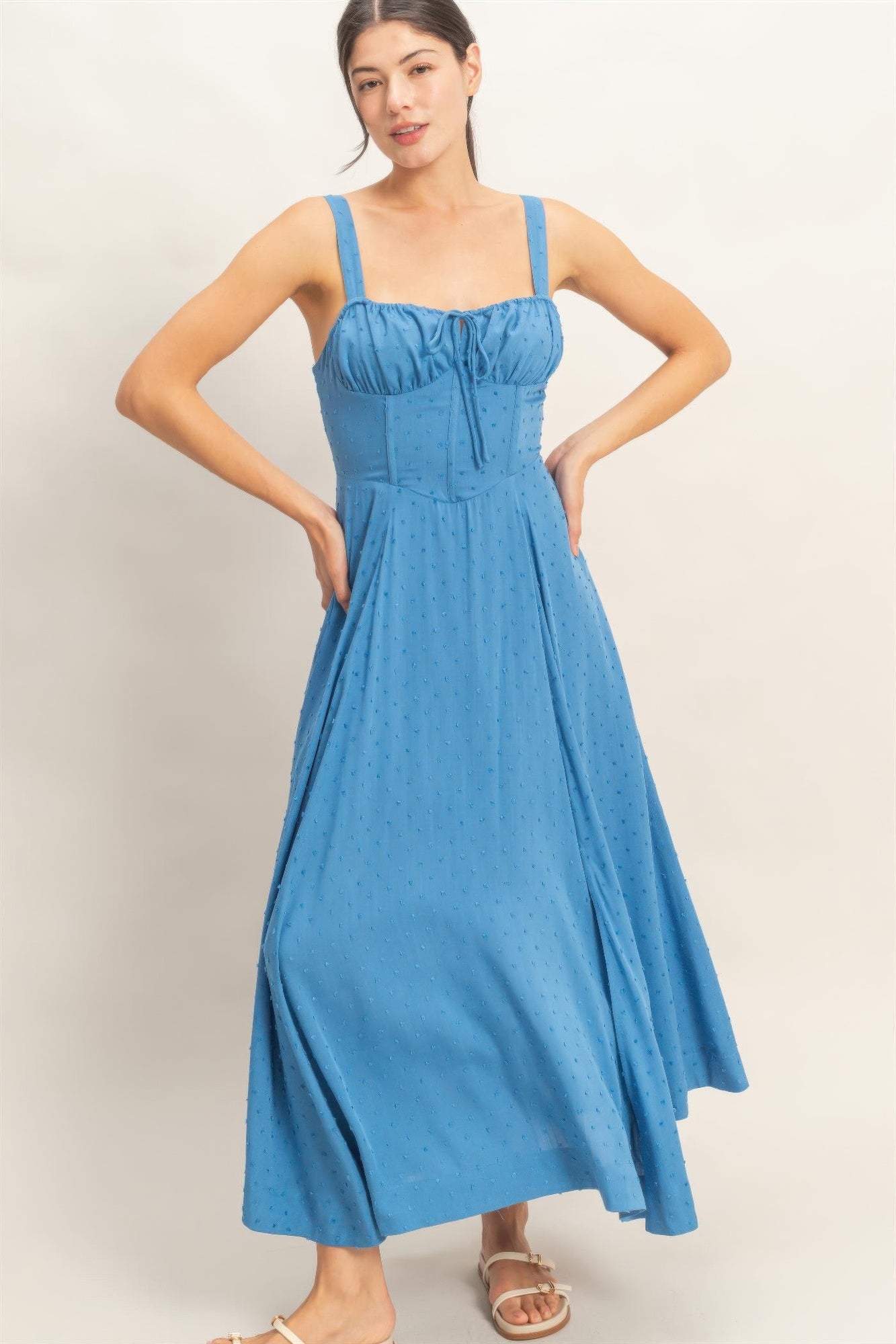 Boned Tie-back Dress blue midi with subtle dot texture and cinched waist