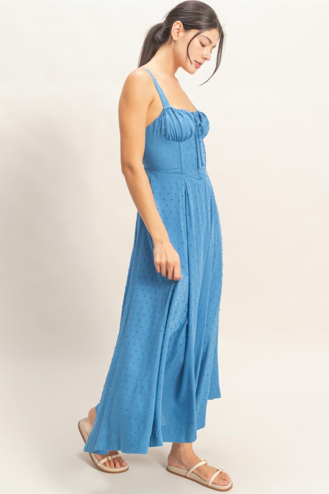 Boned Tie-back Dress blue midi with side drape and gathered bodice