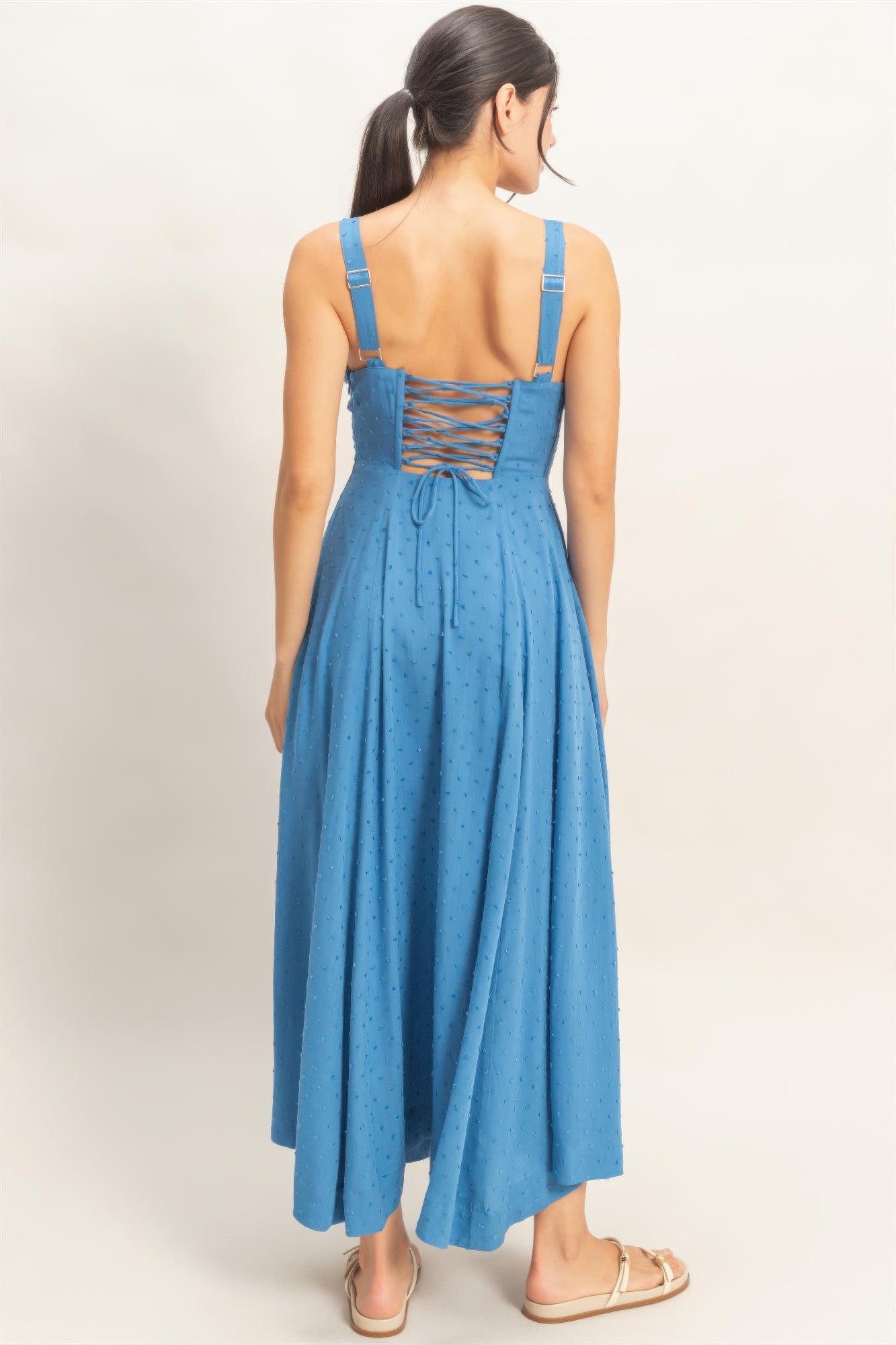 Boned Tie-back Dress blue back view with crisscross lacing and square straps