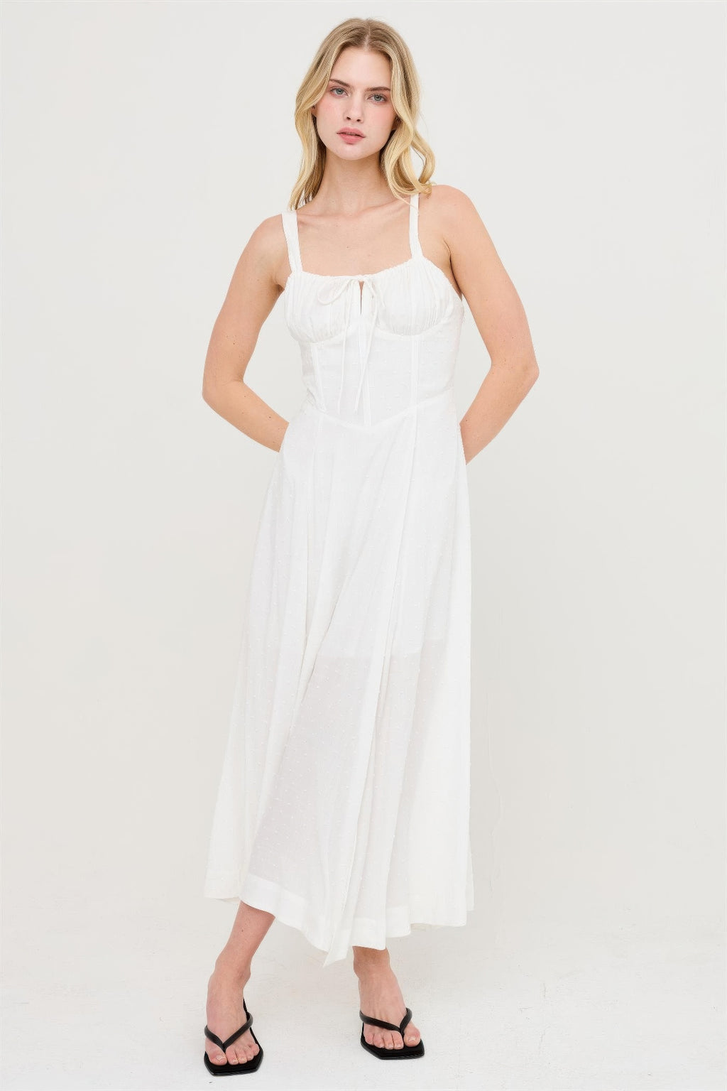Boned Tie-back Dress off-white with spaghetti straps and gathered bust