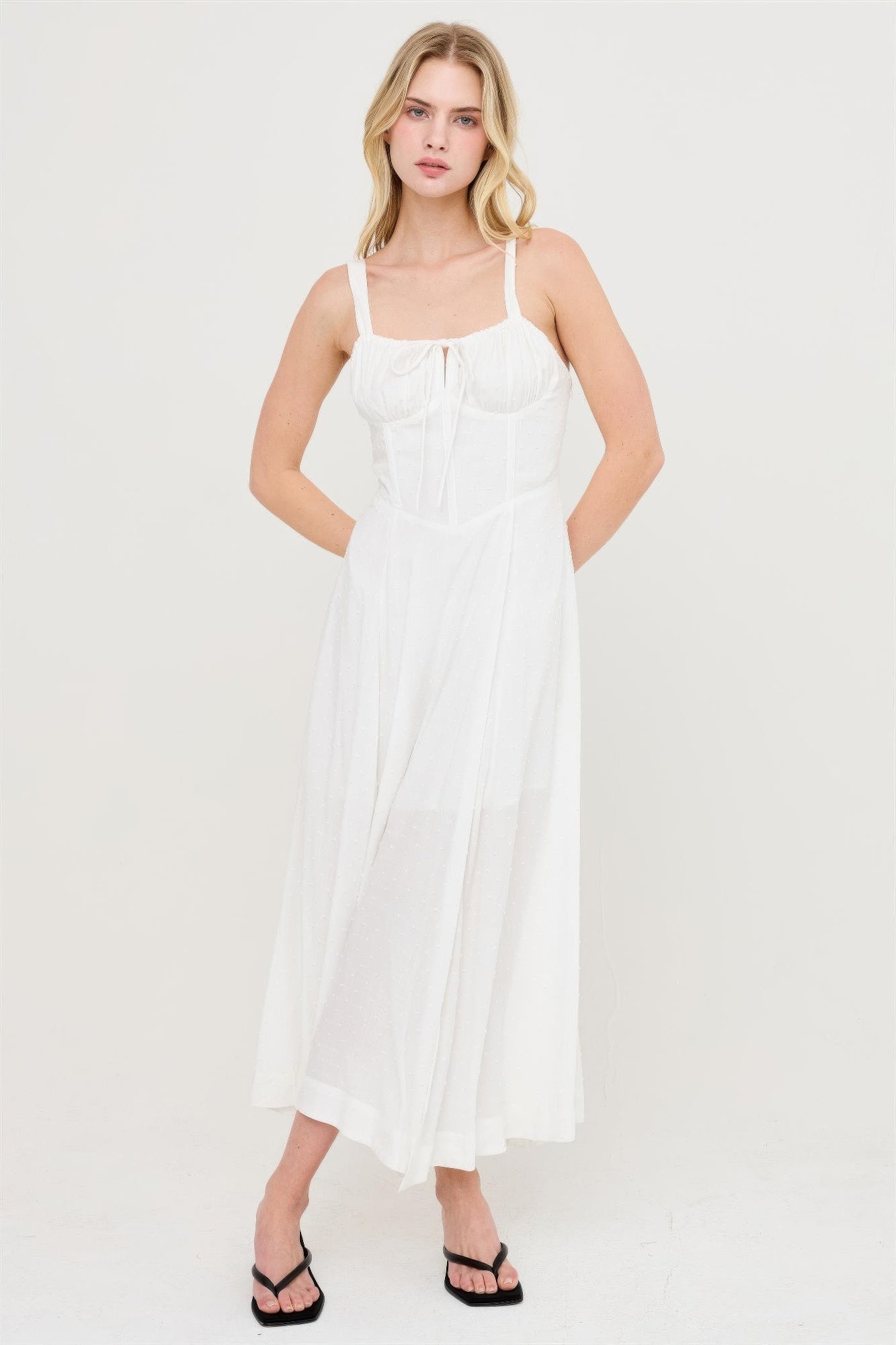 Boned Tie-back Dress off-white with spaghetti straps and gathered bust