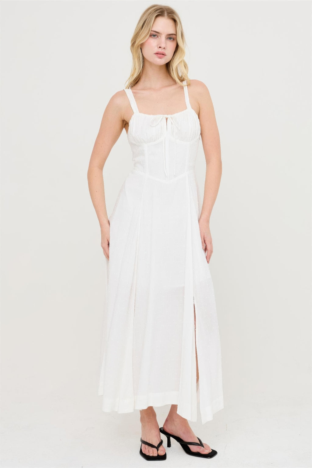 Boned Tie-back Dress off-white midi with front panel detailing and side slit