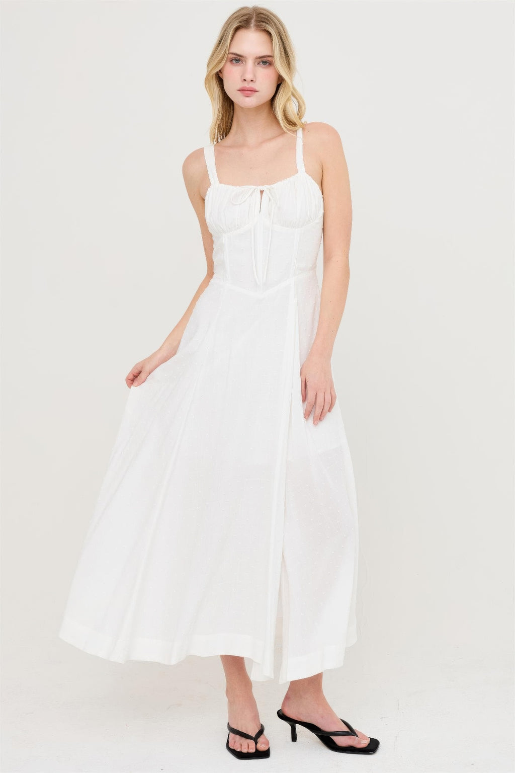 Boned Tie-back Dress off-white A-line midi with square neckline and pleated skirt