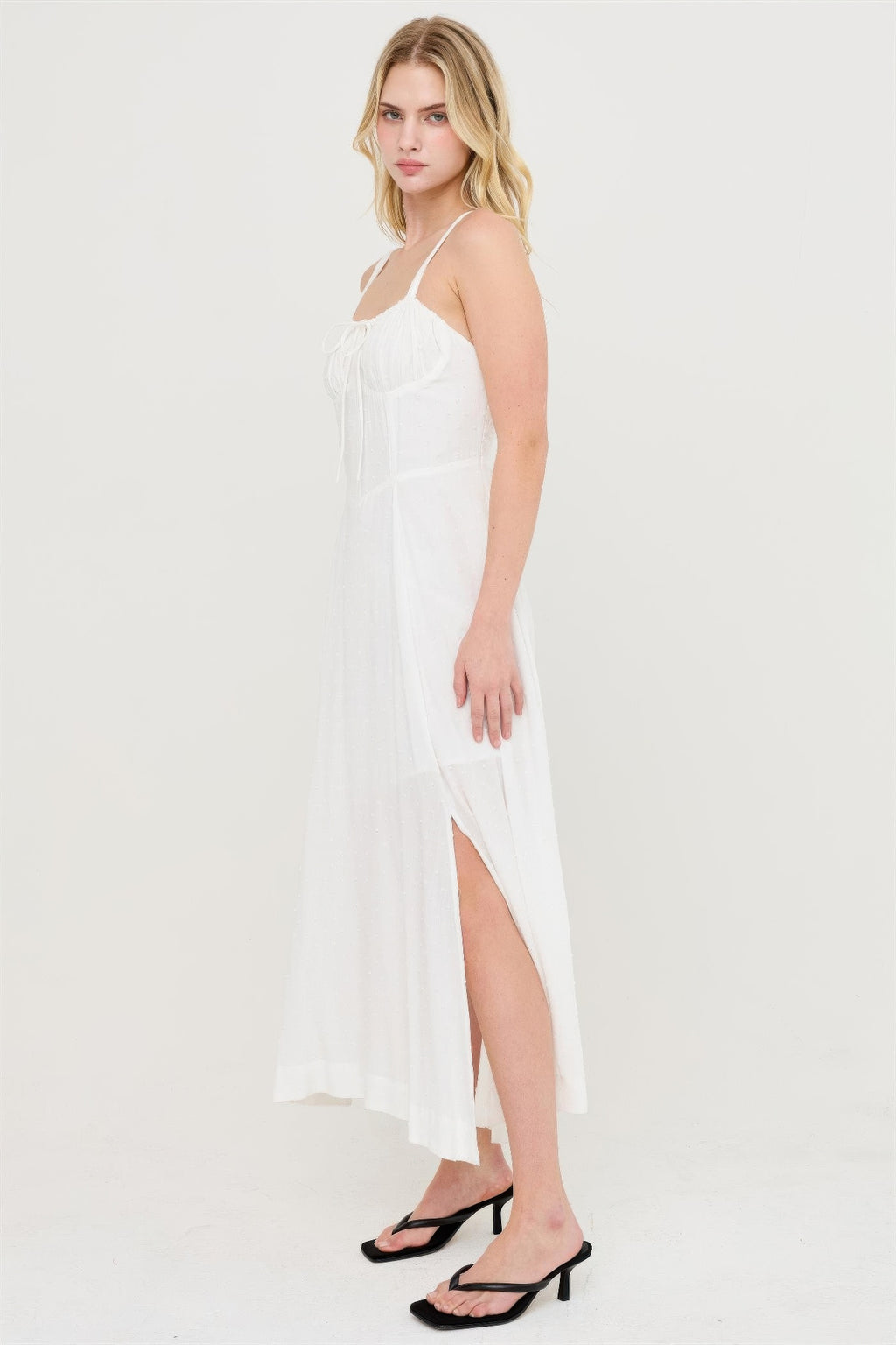 Boned Tie-back Dress off-white sleeveless midi with front slit and thin straps