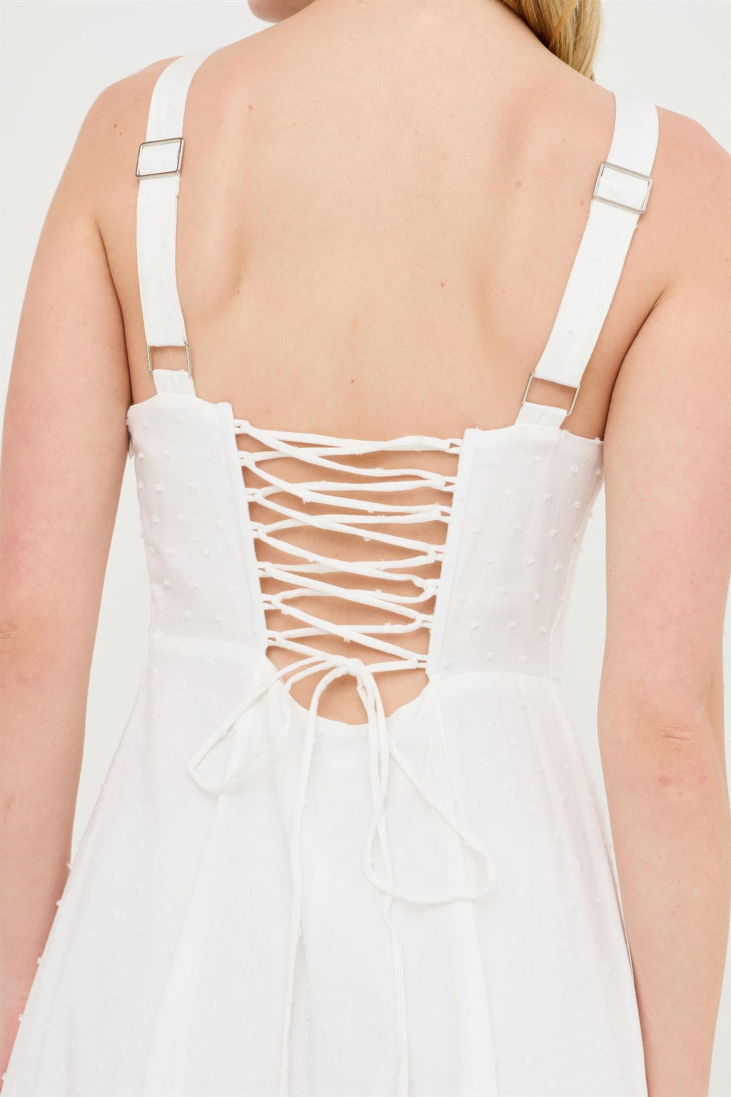 Off-white boned tie-back dress, square back straps with crisscross lace-up