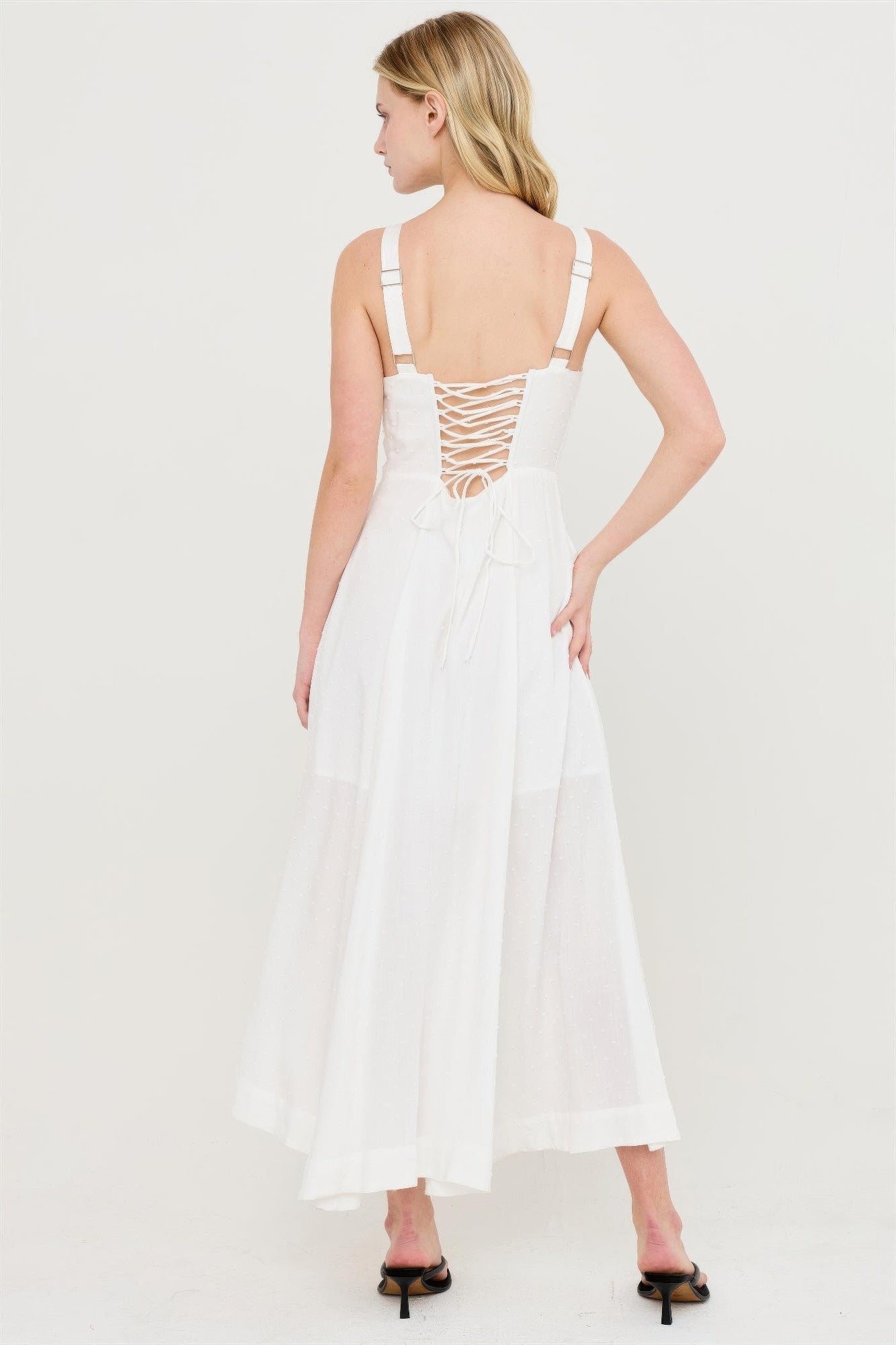 Off-white boned tie-back dress, square back, crisscross lacing, midi skirt