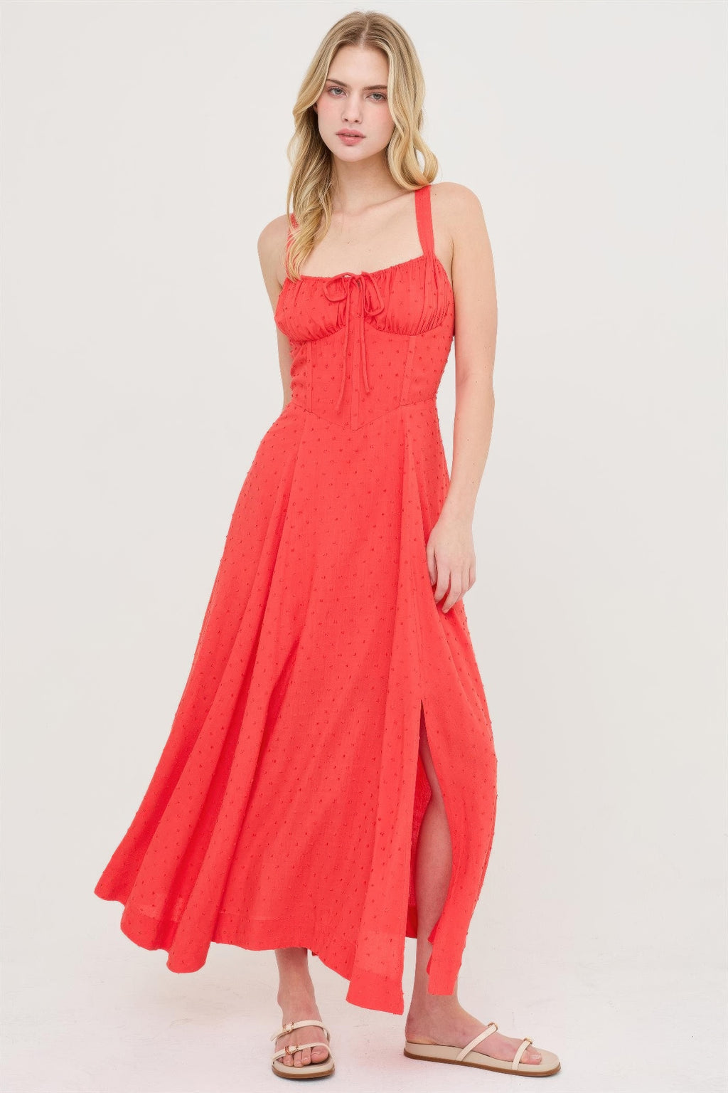 Blood orange boned tie-back dress, square neckline, wide straps, front slit hem