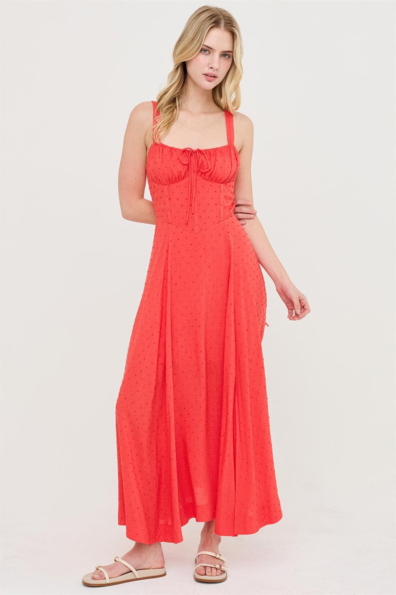 Blood orange tie-back dress, fitted bodice, gathered bust, full midi skirt