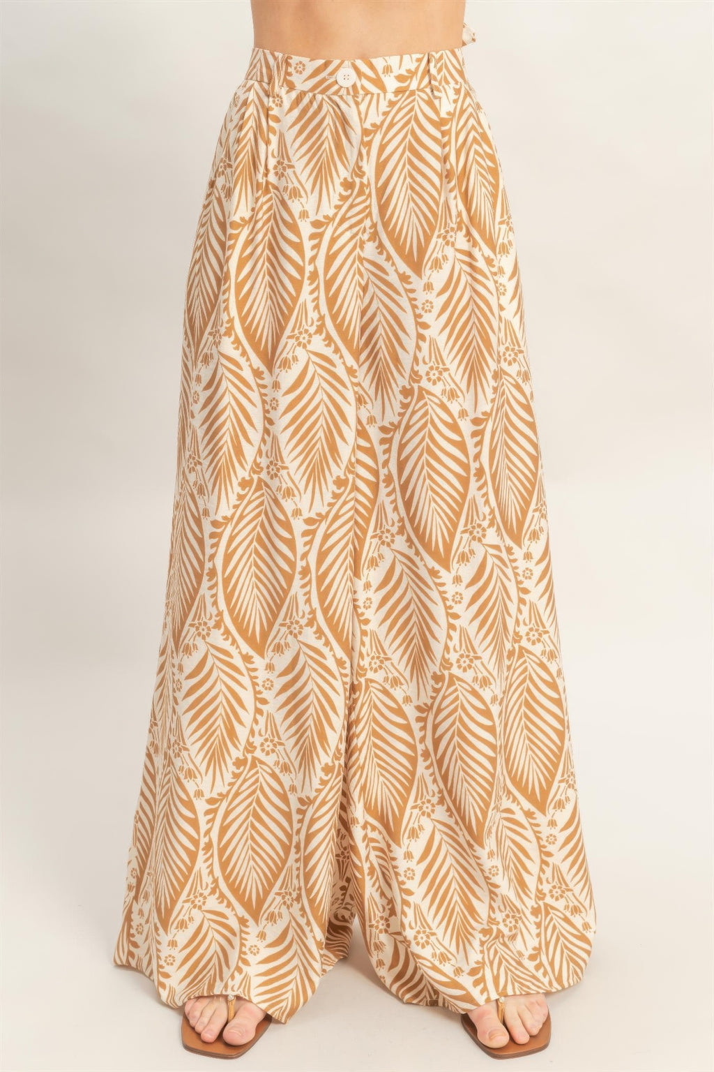 Light brown leaf-print wide-leg pants from set with elastic waist