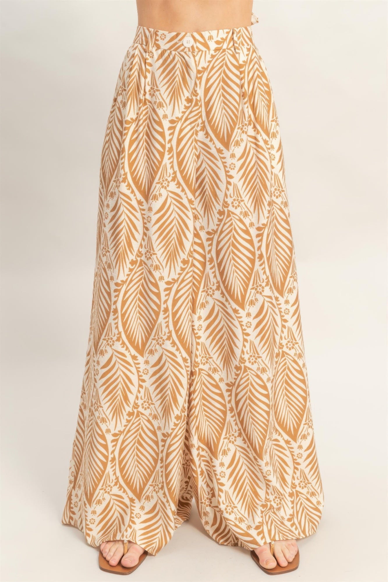 Light brown leaf-print wide-leg pants from set with elastic waist