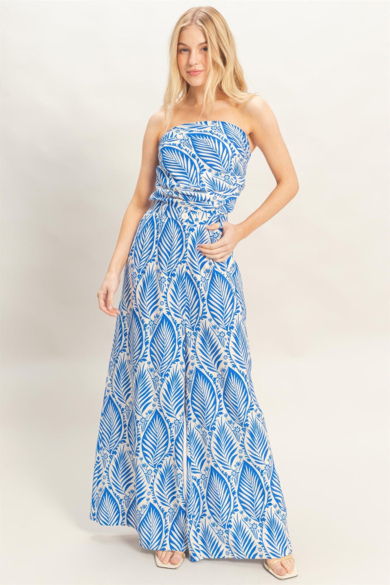 Strapless top & pant set in blue with leaf print, gathered waist and wide-leg pants