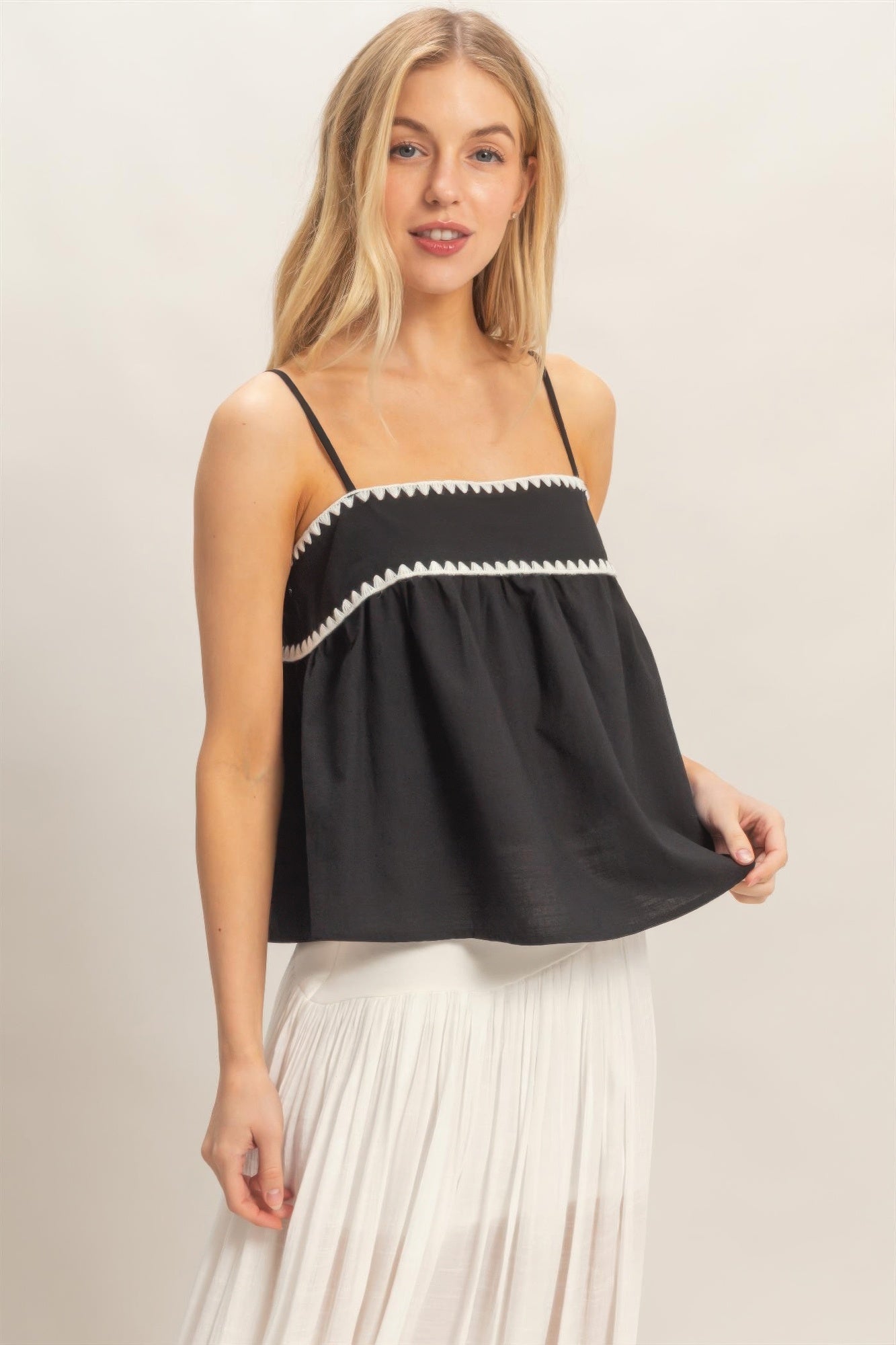 Sleeveless Babydoll Top in black with white zigzag trim and thin shoulder straps