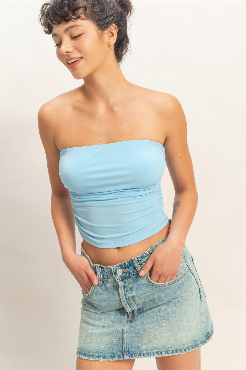Ruched bandeau top in light blue with gathered center front