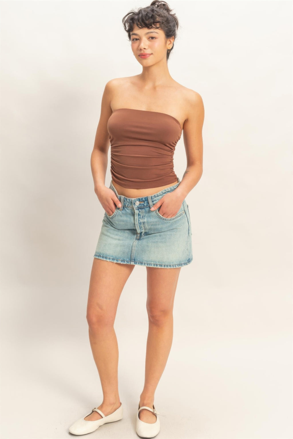 Chocolate ruched bandeau top, strapless fit with side ruching and cropped hemline.
