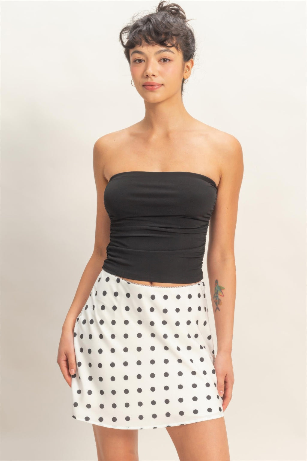 Black ruched bandeau top, strapless with gathered seam detail across front