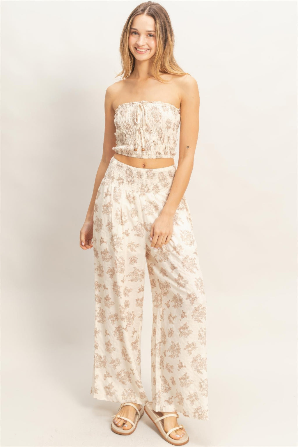 Smocked tube top & wide-leg pants set, beige with small floral print