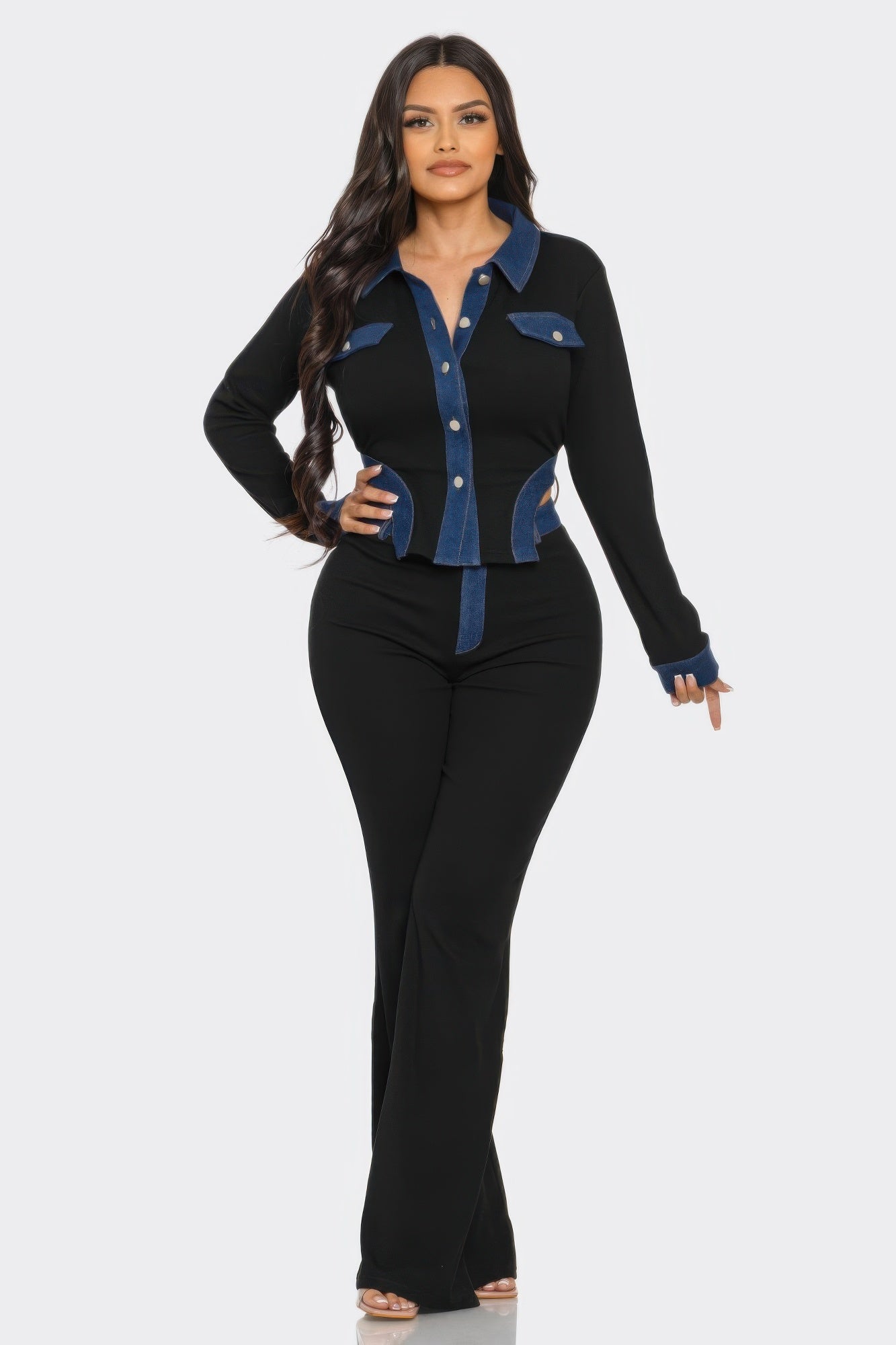 Denim contrast pants set: black flare pants with blue-paneled button-up jacket