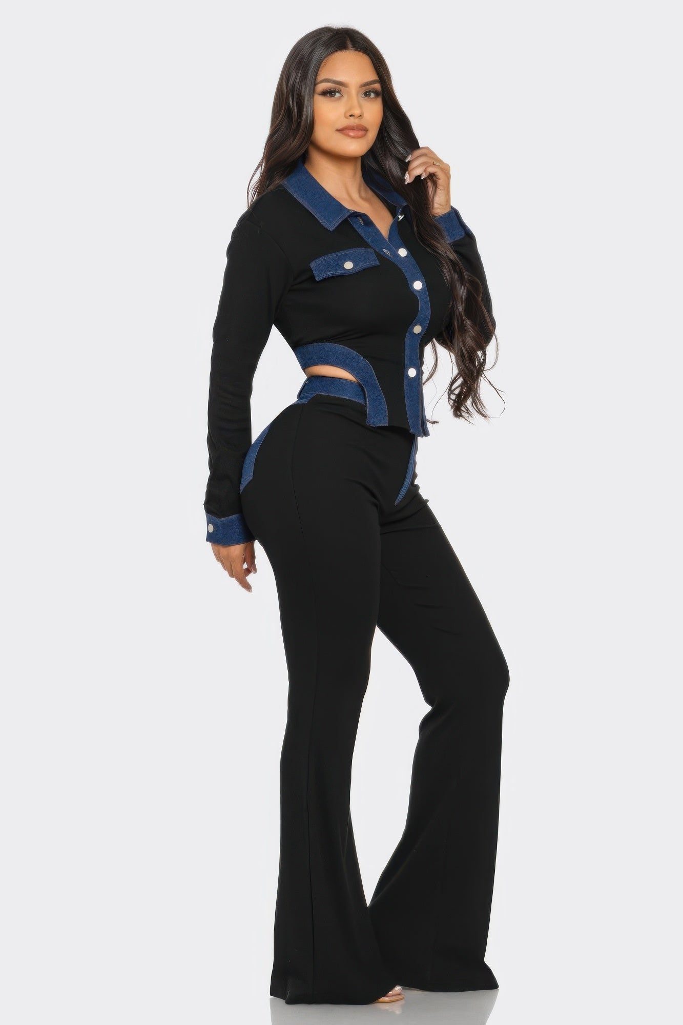 Denim contrast pants set in black: cropped button jacket with blue curved accents