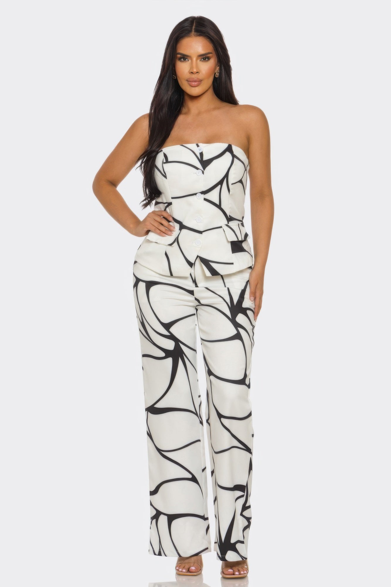 Abstract Motion Set: strapless button-front bandeau top with wide-leg pants