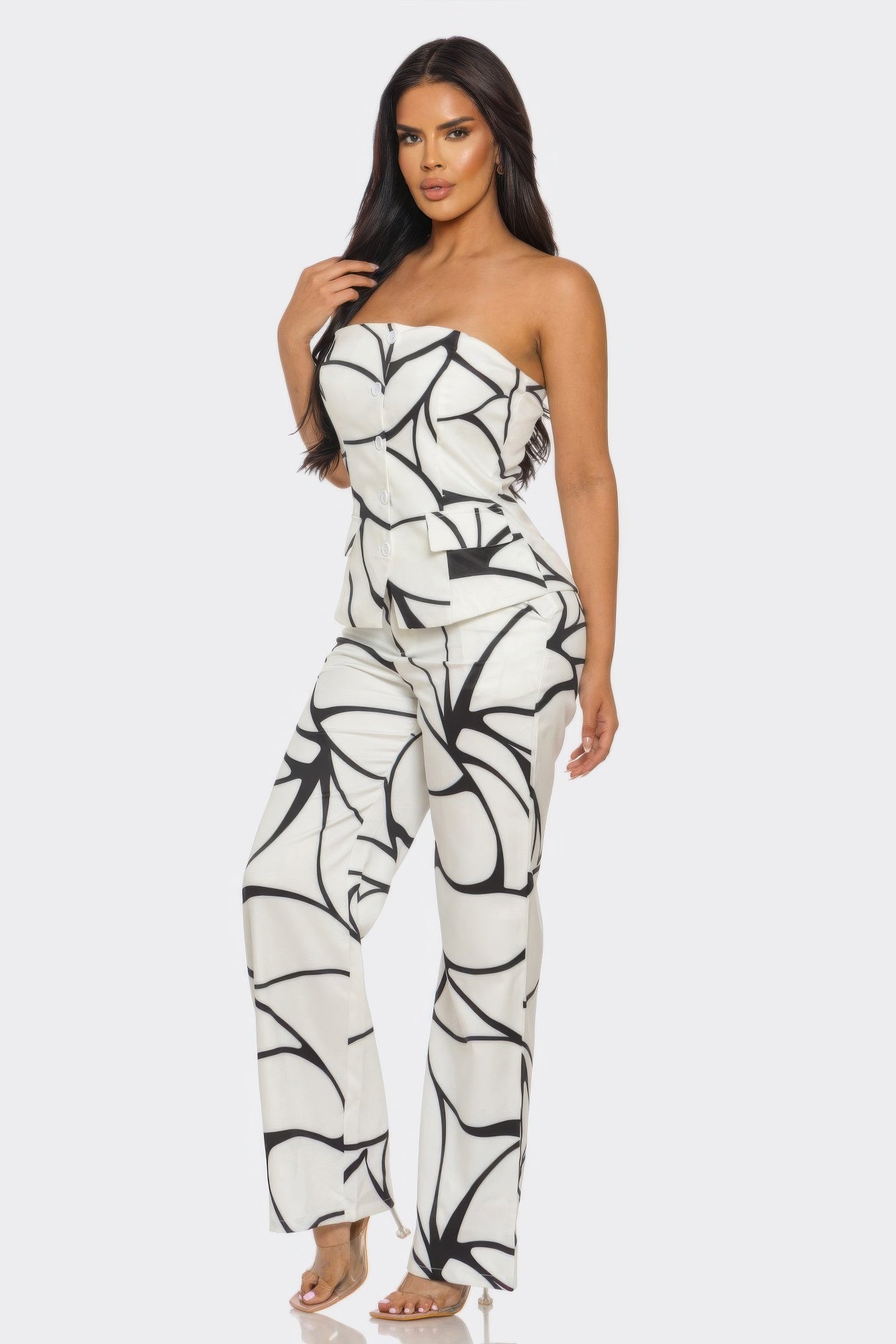 Abstract Motion Set: strapless bandeau top and high-rise wide-leg trousers, abstract print