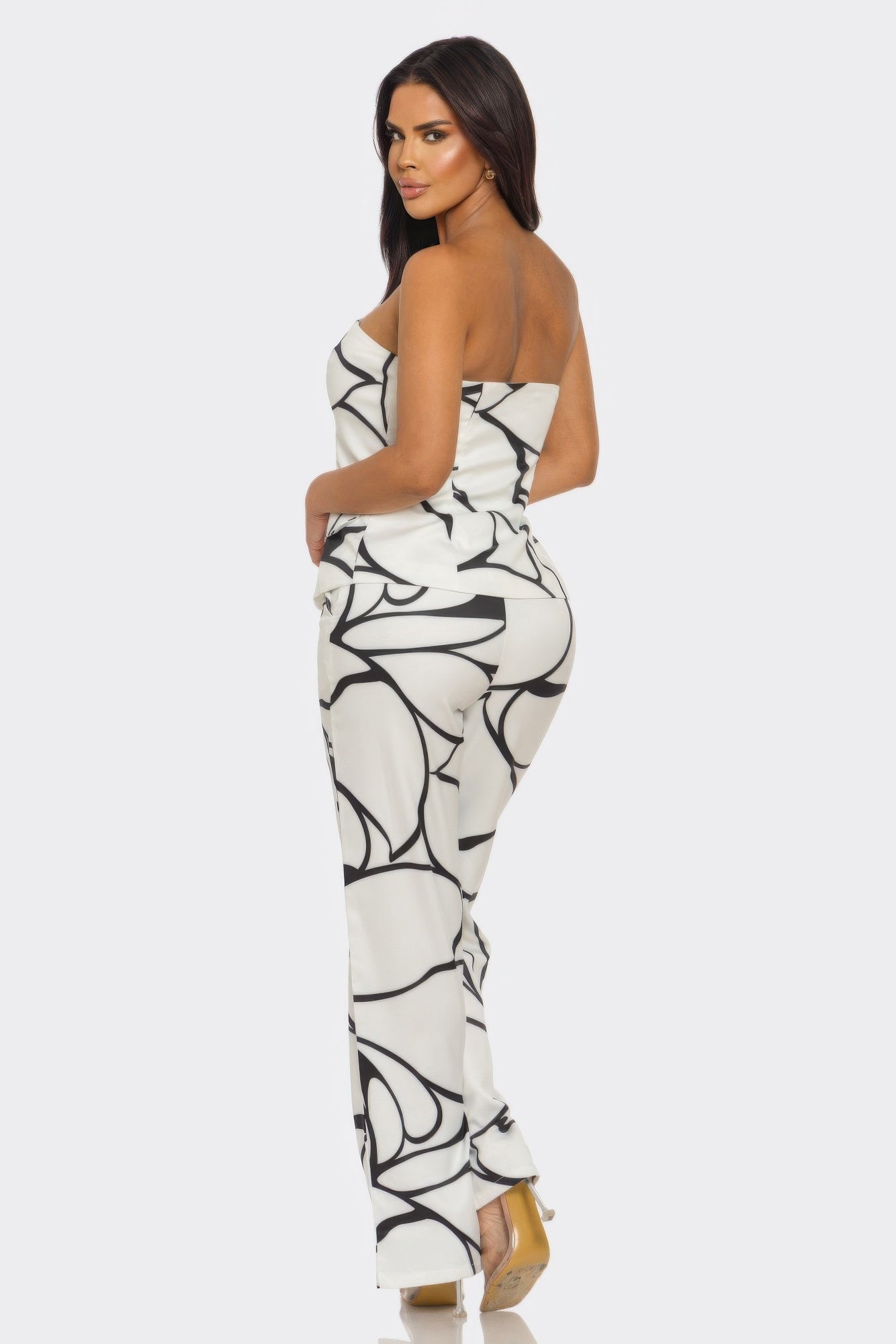 Abstract Motion Set: back view of strapless top and wide-leg pants, abstract print