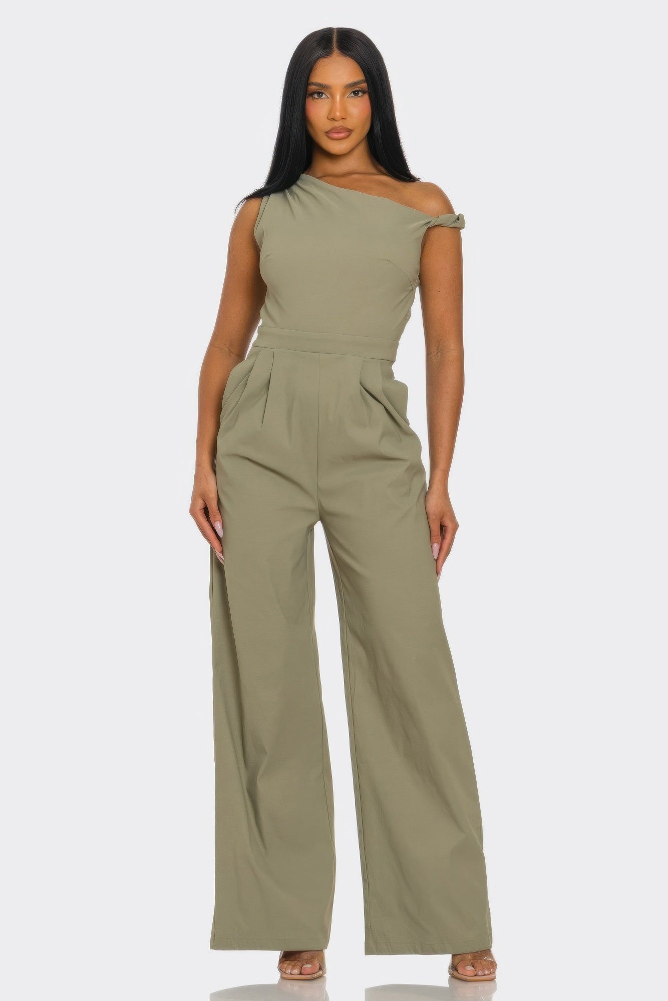 Khaki one-shoulder jumpsuit with wide legs and gathered waist