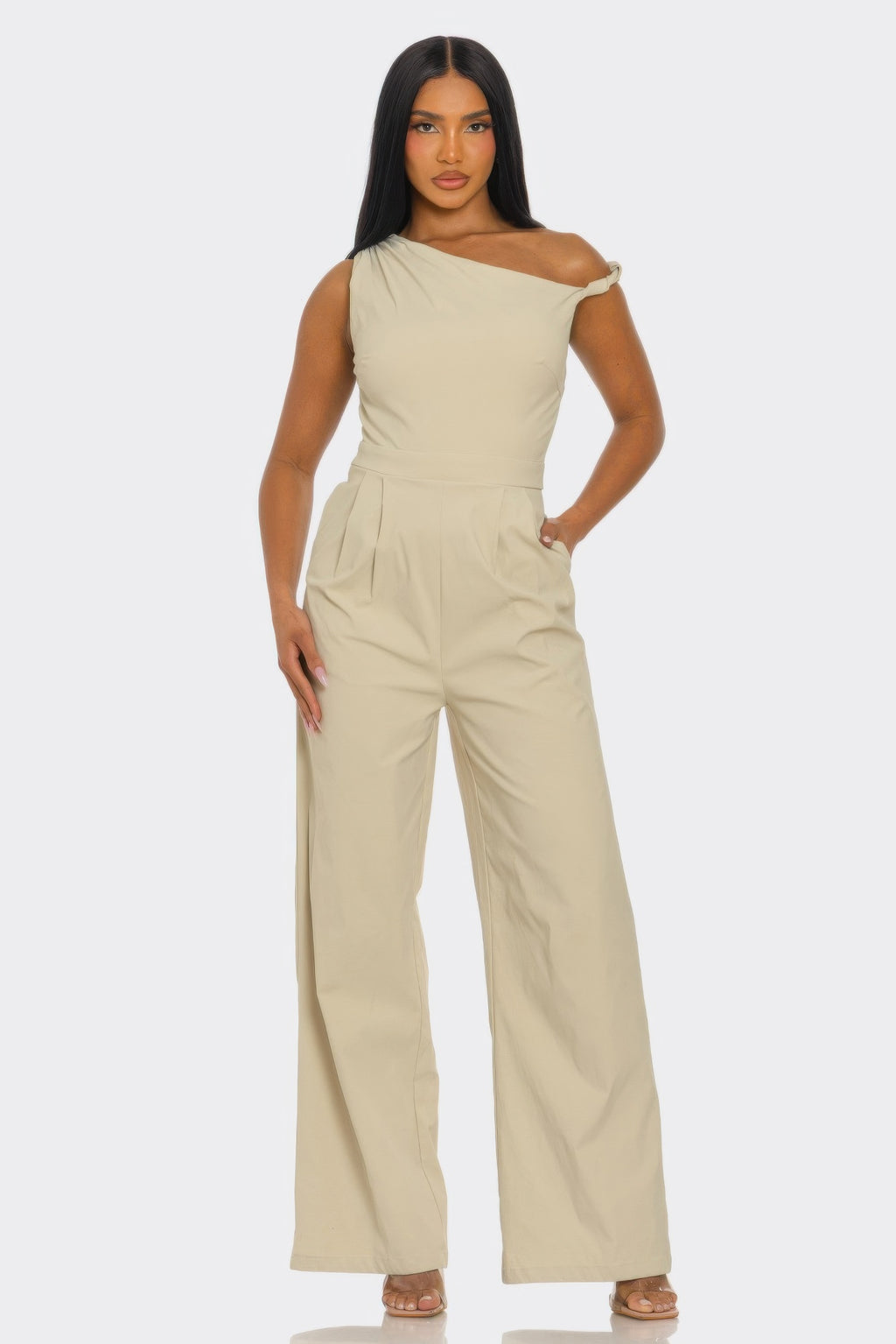 Stone one-shoulder jumpsuit with wide legs and gathered waist